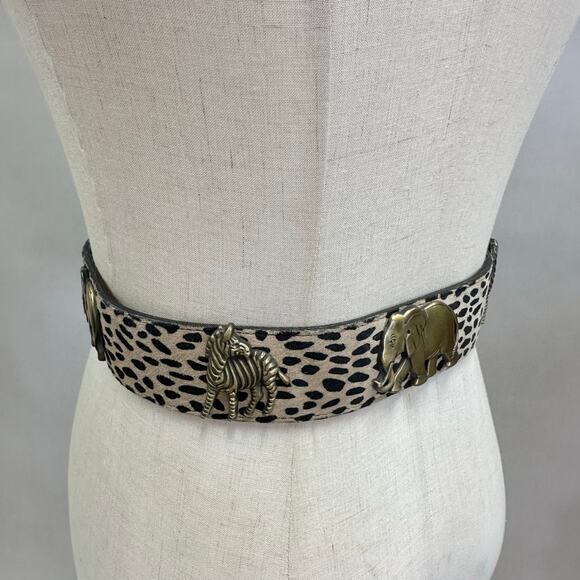 Vintage Made in USA Leopard Calf Hair Belt Brass Elephant Zebra Y2k Safari Small - Picture 10 of 16